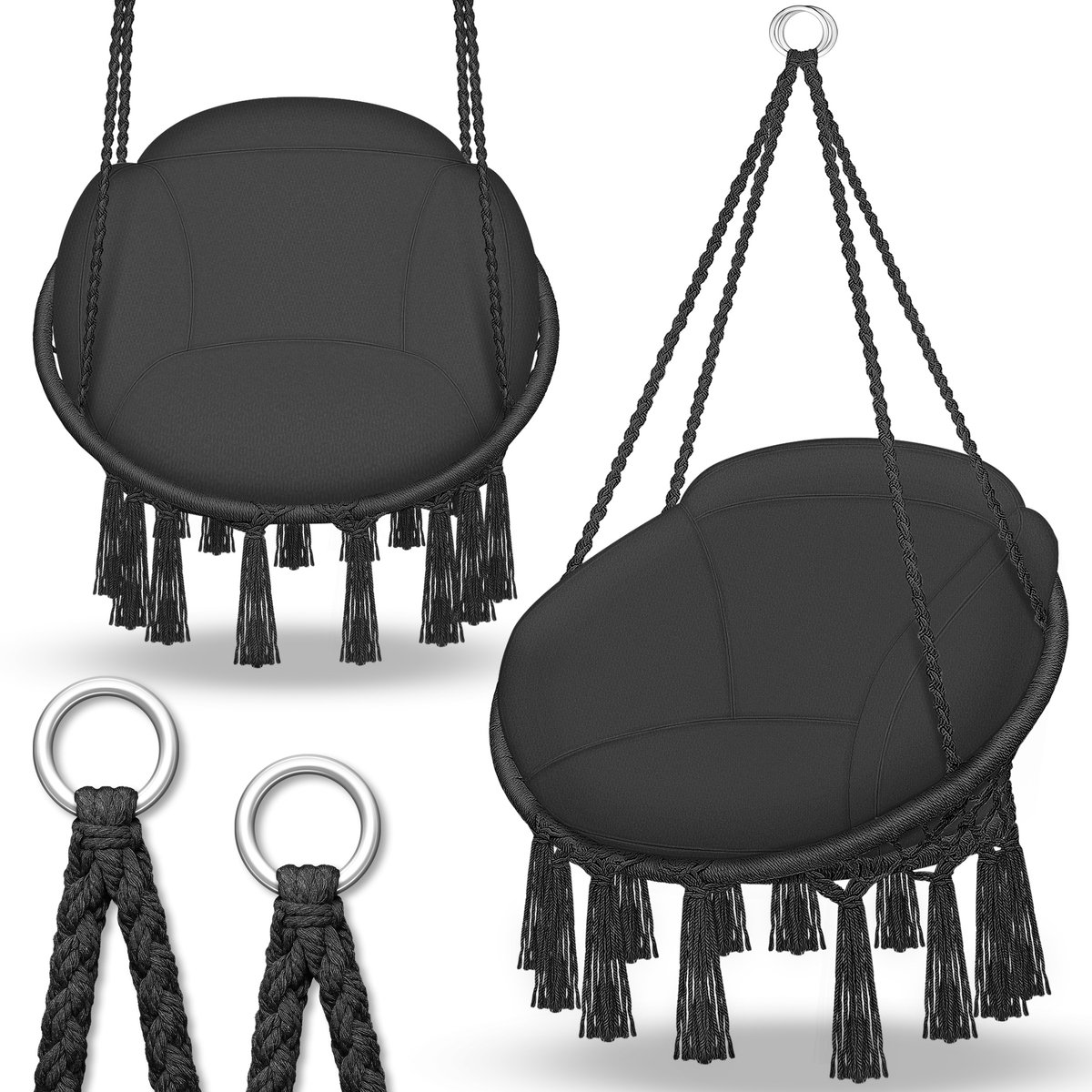 tillvex Hangstoel 150 kg met 2 stalen ringen | Hangstoel voor binnen en buiten | Weerbestendig, schommelmand met kussen | Voor woon- en tuin