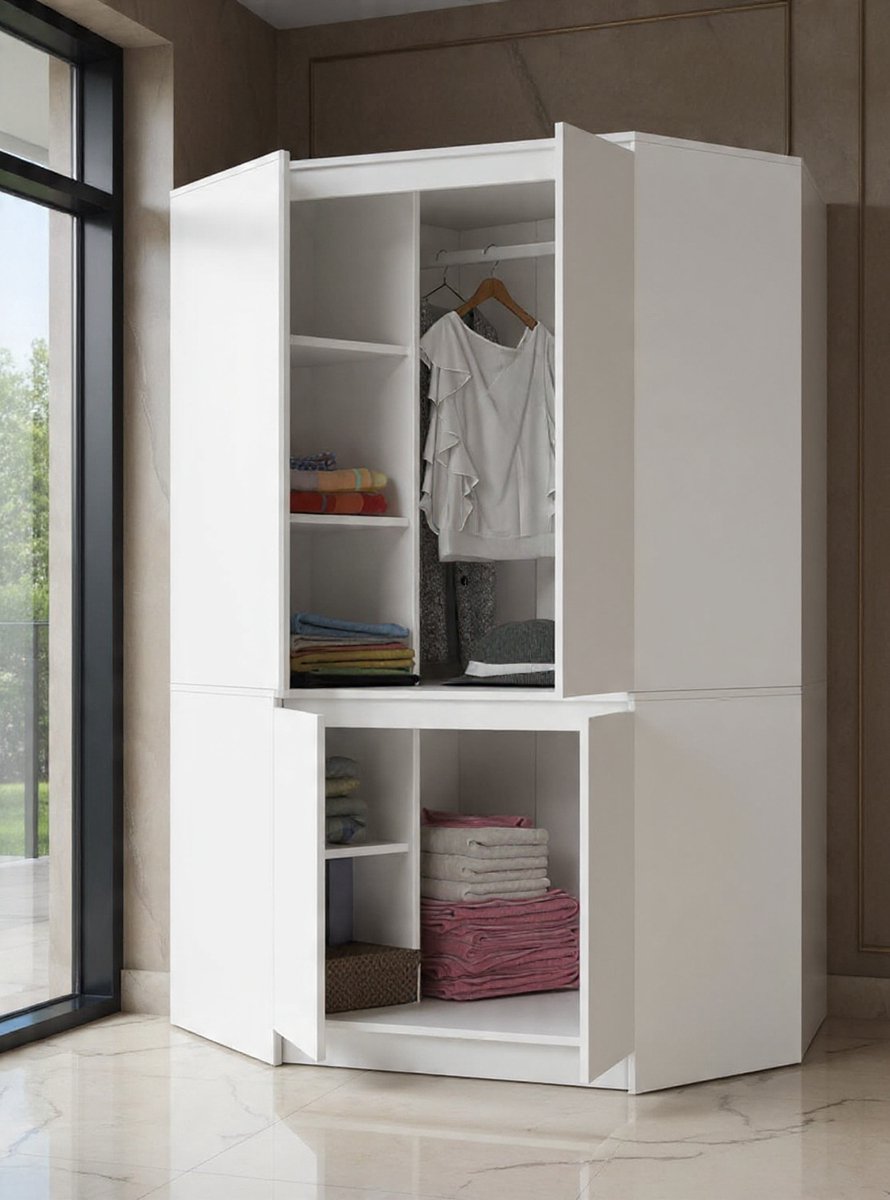 Hoekkledingkast voor de slaapkamer - Grote kledingkast - 100 cm breed, 180 cm hoog - Hoekkledingkast met kledingstang en planken - Witte kledingkast - Casa Serena