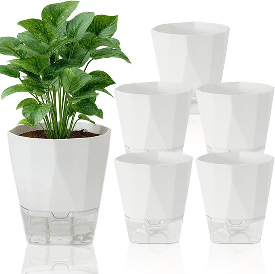 Zelfwatergevende Potten Set Van 6 12,5cm Bloempotten Ivoor Kleur Transparant...