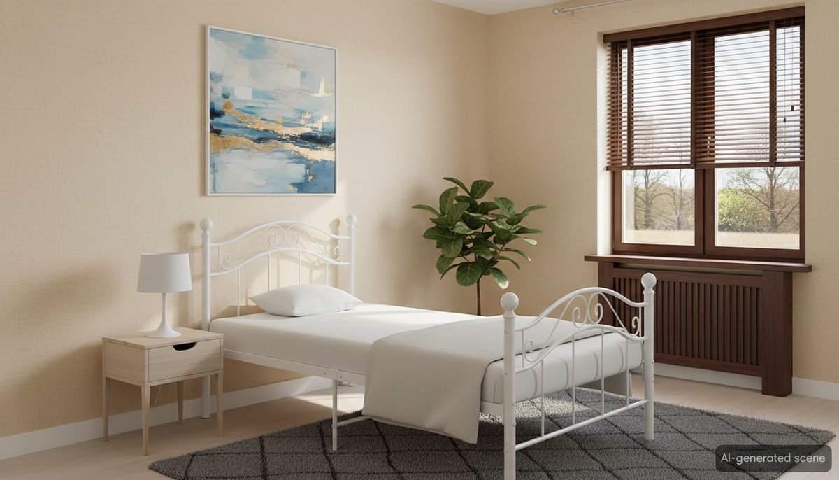Metaal Eenpersoonsbed Casa Velluto 100x200 cm – Stevig Wit Bedframe met Lattenbodem, Duurzaam Slaapmeubel voor Kinderkamer, Tienerkamer en Logeerkamer – Comfortabel en Modern Ontwerp