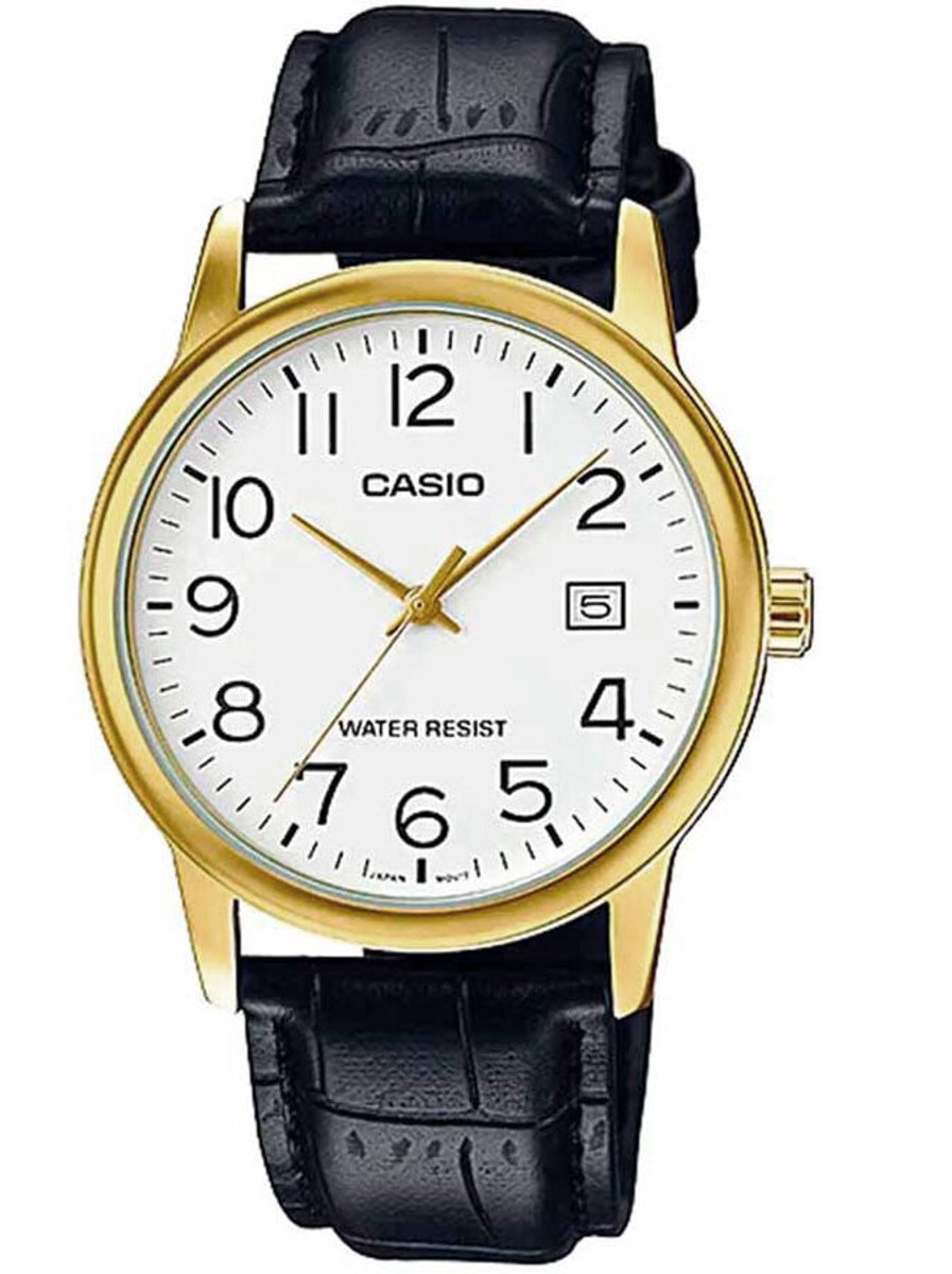 Casio polshorloge MTP-V002GL-7B2UDF met datumaanduiding en zwart leren band