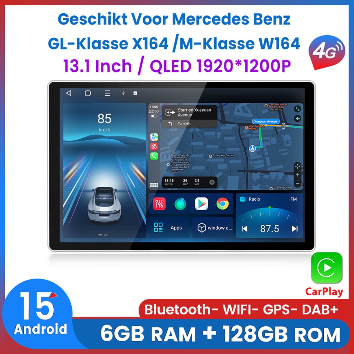 Awesafe 13.1 Inch 8-Core 6+128GB Autoradio - Geschikt Voor Mercedes BENZ W164 GL320 ML350 X164 2005 t/m 2012- Draadloze Carplay Android Auto - Touchscreen - GPS Navigatie 4G WiFi - Radio Scherm - 2005 2006 2007 2008 2009 2010 2011 2012