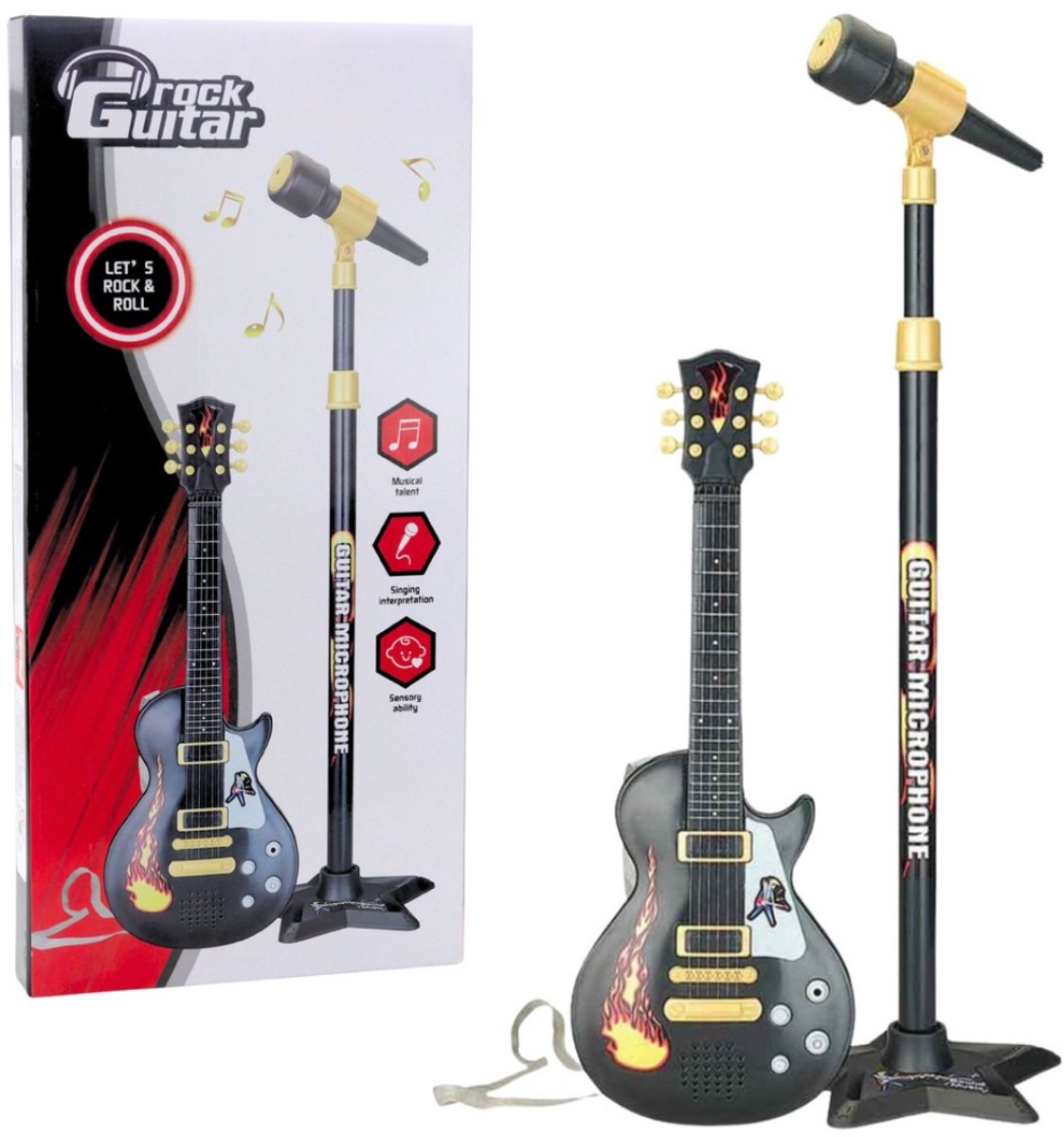 Playos® - Muziekset - Zwart / Goud - Gitaar en Microfoon - met Licht en Geluid - Muziekset - Muzikaal Speelgoed - Speelgoed Set - Speelgoedinstrument