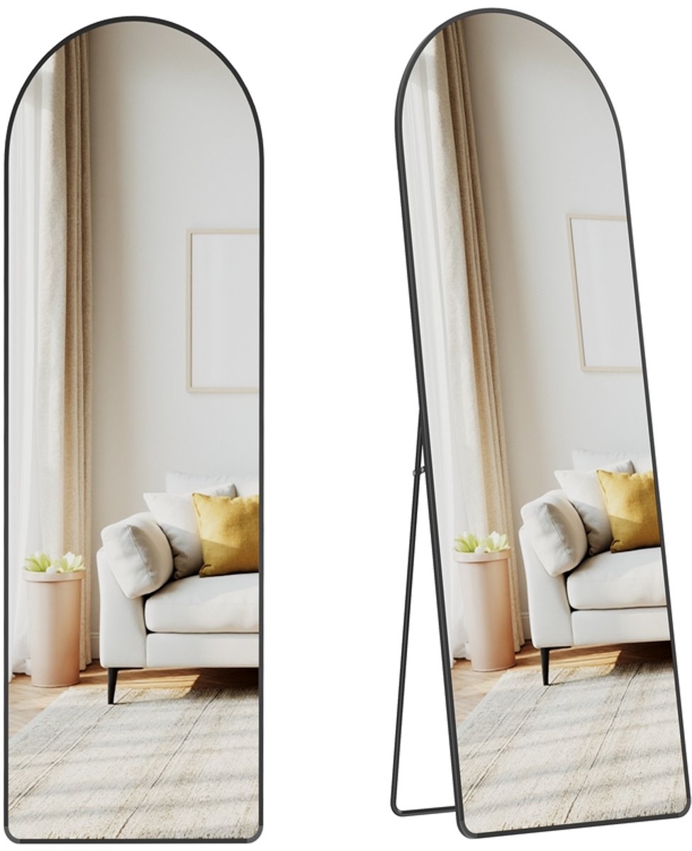 Staande spiegel – 160 x 50 cm – Gebogen frame van gehard glas – Inktzwart