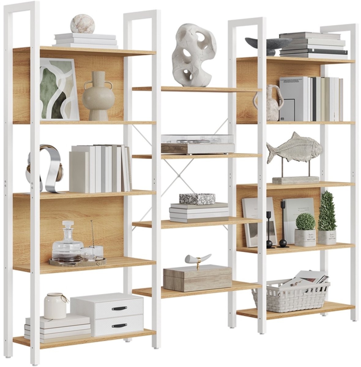 Boekenplank – Ladderplank met 14 planken – Metalen frame – Goudkleurig eikenhout – Mat wit – 158 x 24 x 166 cm