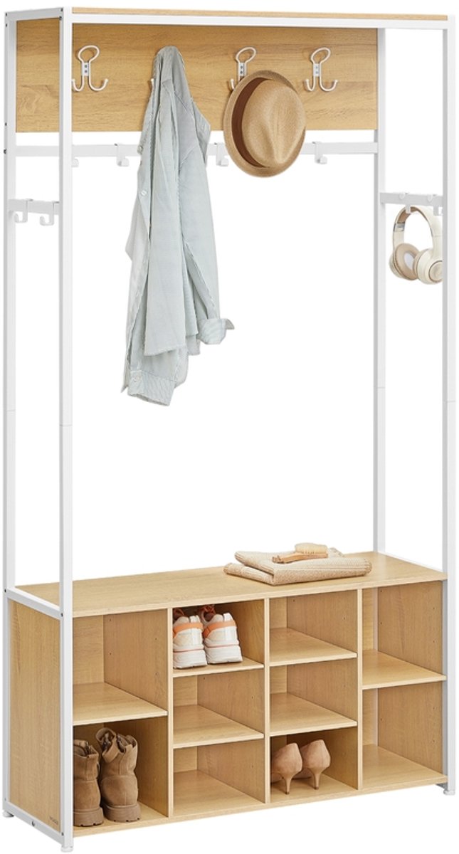 Kledingrek – Met schoenenplank en open vakken – Eikenwit – 32 x 100 x 180 cm – Industriële stijl