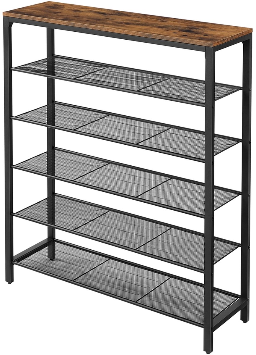 Schoenenrek – Met 5 vakken – Industrieel design – Vintage bruin-zwart – Afmetingen 100 x 30 x 110 cm
