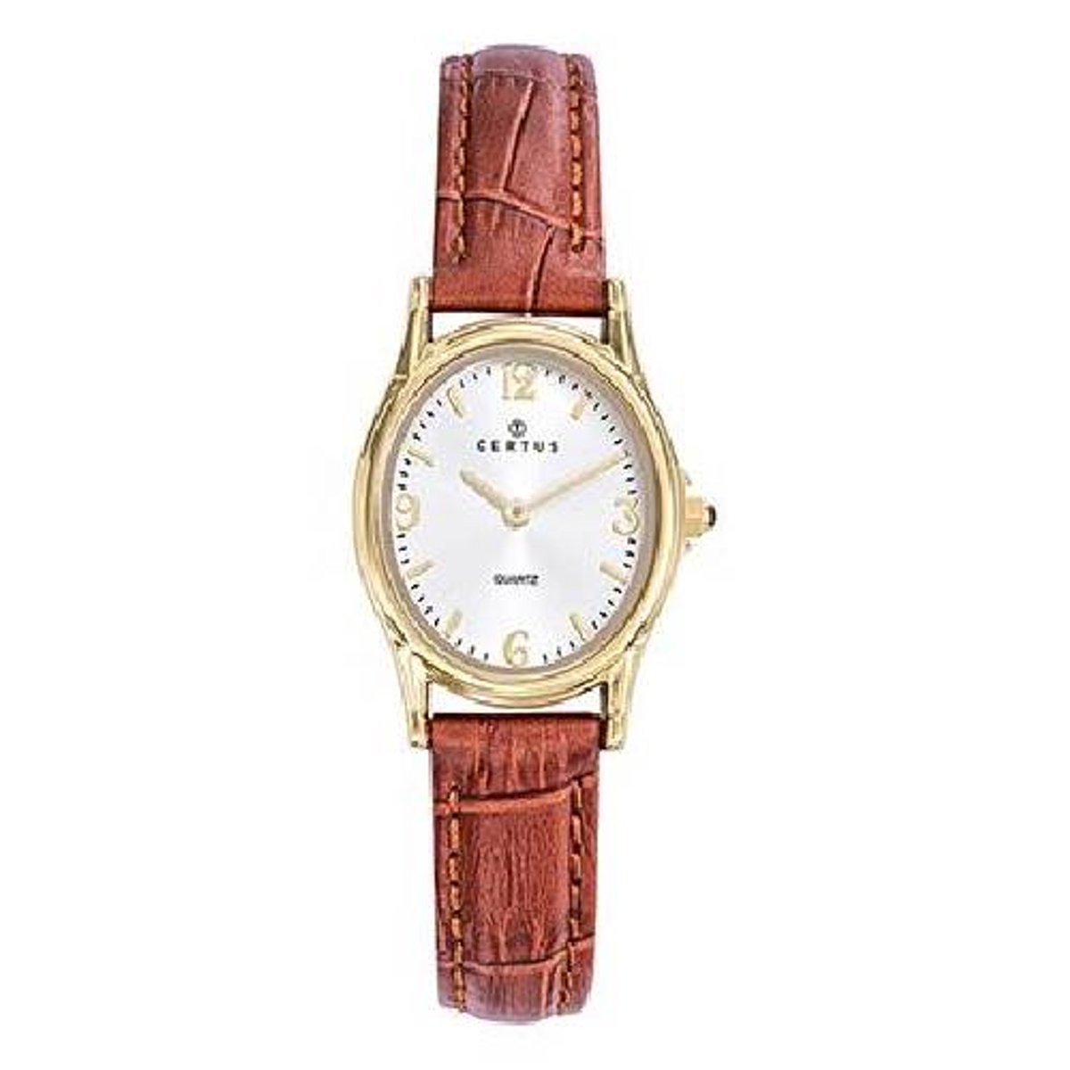 Certus-dameshorloge-ovaal-model 646615-goudkleurig-bruin leder-gemaakt in Frankrijk-5 atm waterdicht-24x21mm