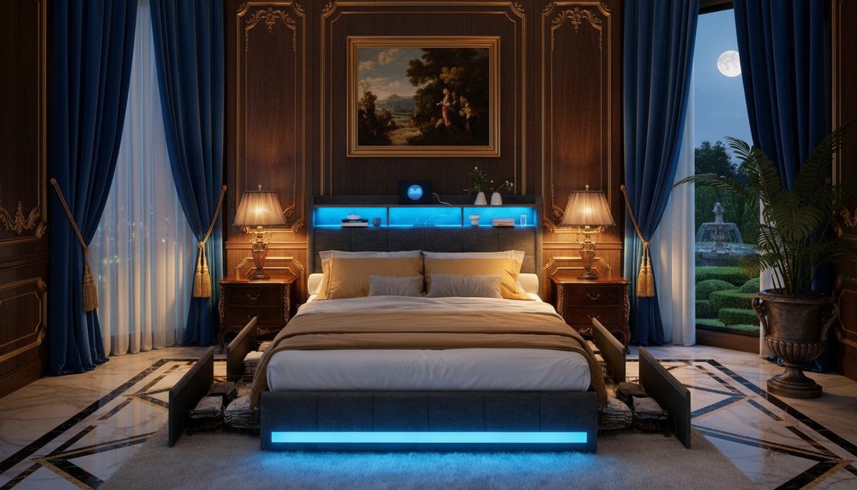 Bed 160x200 cm met LED Verlichting en Opberglades – Casa Velluto Aurora Luxe Gestoffeerd Tweepersoonsbed met USB & Type-C – Lattenbodem – Linnen – Grijs