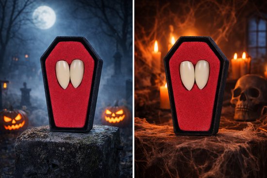Twee witte vampiergebitten in een kistje in een griezelige nachtelijke omgeving en op een Halloween-thema met pompoenen.