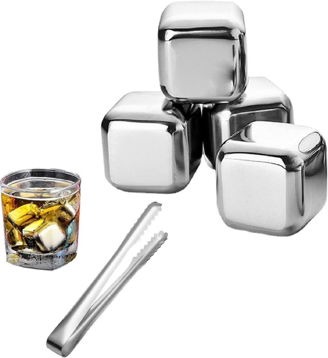 Herbruikbare metalen ijsblokjes set met tang voor whiskey en bier, 4 stuks