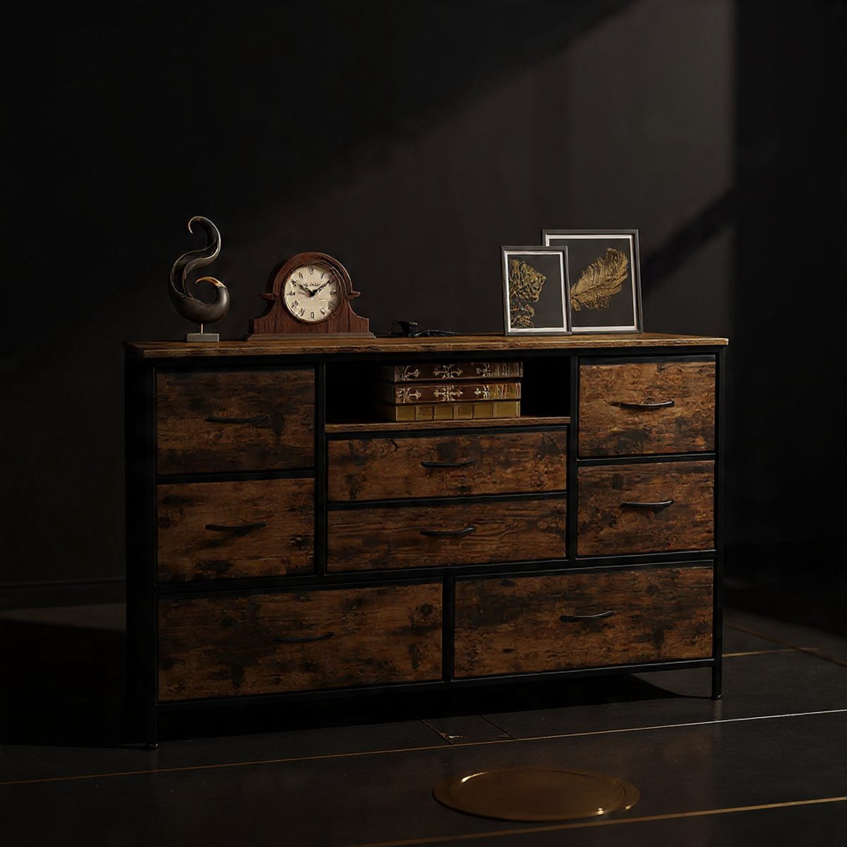 Luxe Industriële LED ladekast met 8 stoffen lades, laadstation met USB-C, USB-A & 2 stopcontacten, vintage Bruin-Zwart dressoir 120x36x75cm - Opbergkast voor Woonkamer, Slaapkamer & Hal - Casa Sere...