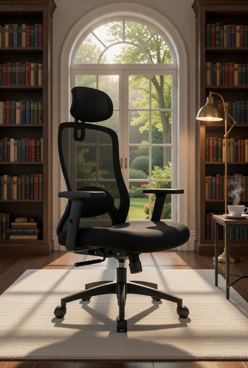 Ergonomische Bureaustoel Casa Serena - Comfortabele Directies Stoel met 4D Lendensteun, Hoofdsteun & Verstelbare Armleuningen, Mesh Net Stoel met Kantel- & Grendelbare Rugleuning, Zwart, Max. 150 k...