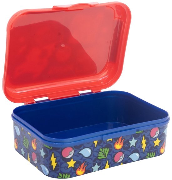 Open rode broodtrommel met blauwe binnenkant. De zijkanten hebben een patroon van cirkels, sterren, bliksemschichten en waterdruppels.