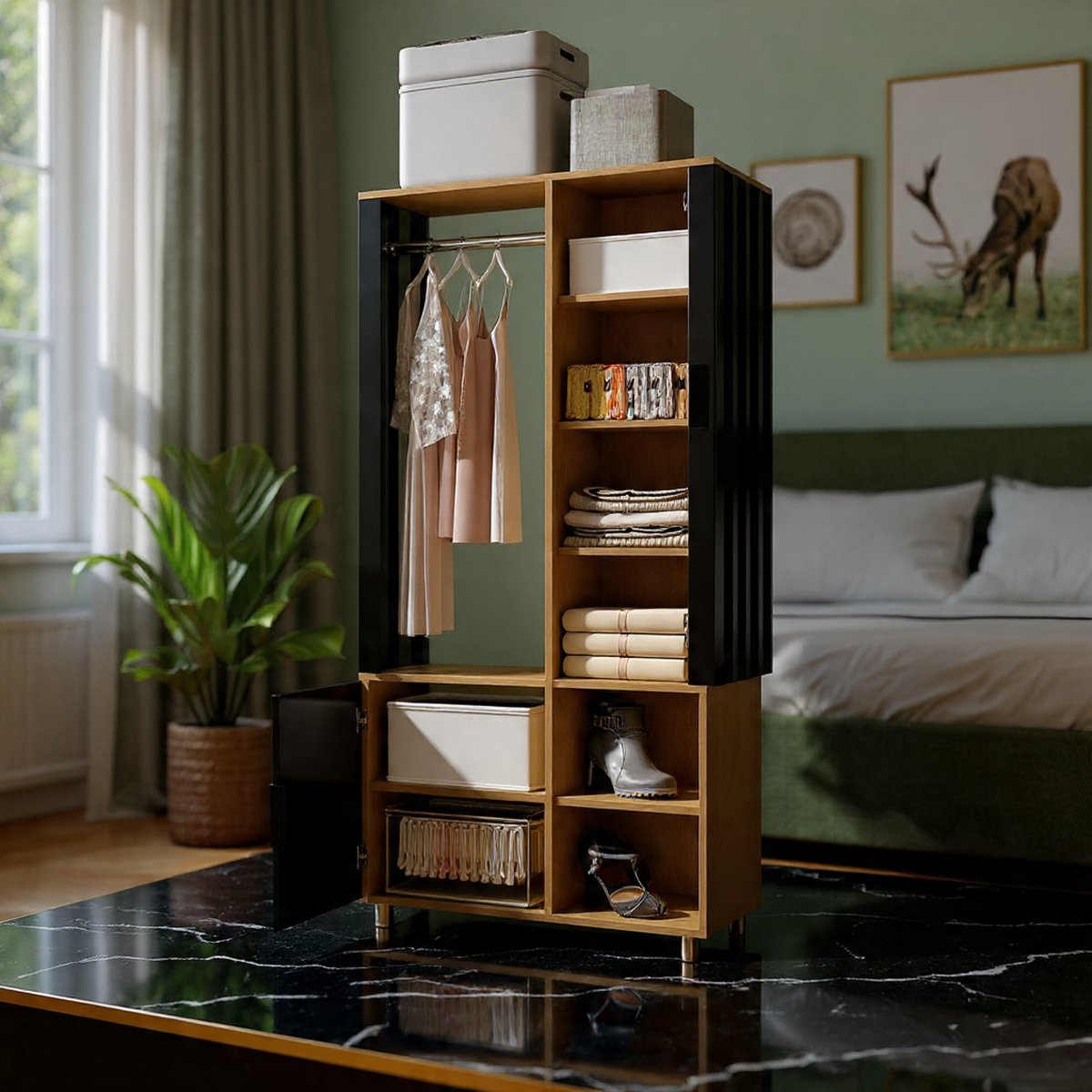 Luxe kledingkastset met spiegel - Compacte moderne kledingkast met kleding, opbergruimte en 8 planken - Natuurlijke meubels - 80 x 30 x 175 cm - Opbergruimte voor jassen, kleding en accessoires - C...