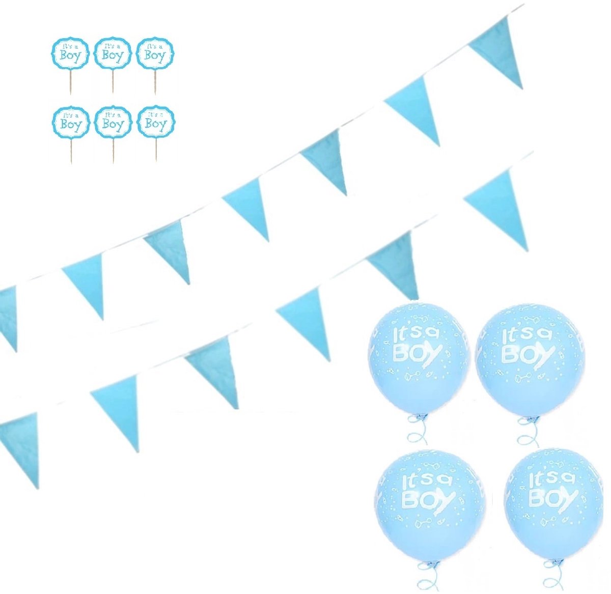 Set Feestdecoratie baby Boy 2 stuks Blauw Vlaggenlijn geboorte baby meisje - 6 cupcake prikkers, 4 stuks ballonnen |Jongen, blauw Slinger voor decoratie | Kraamfeest - Kraamtijd - Vintage - Geboorte - Feest - Babyshower - Decoratie - Babykamer