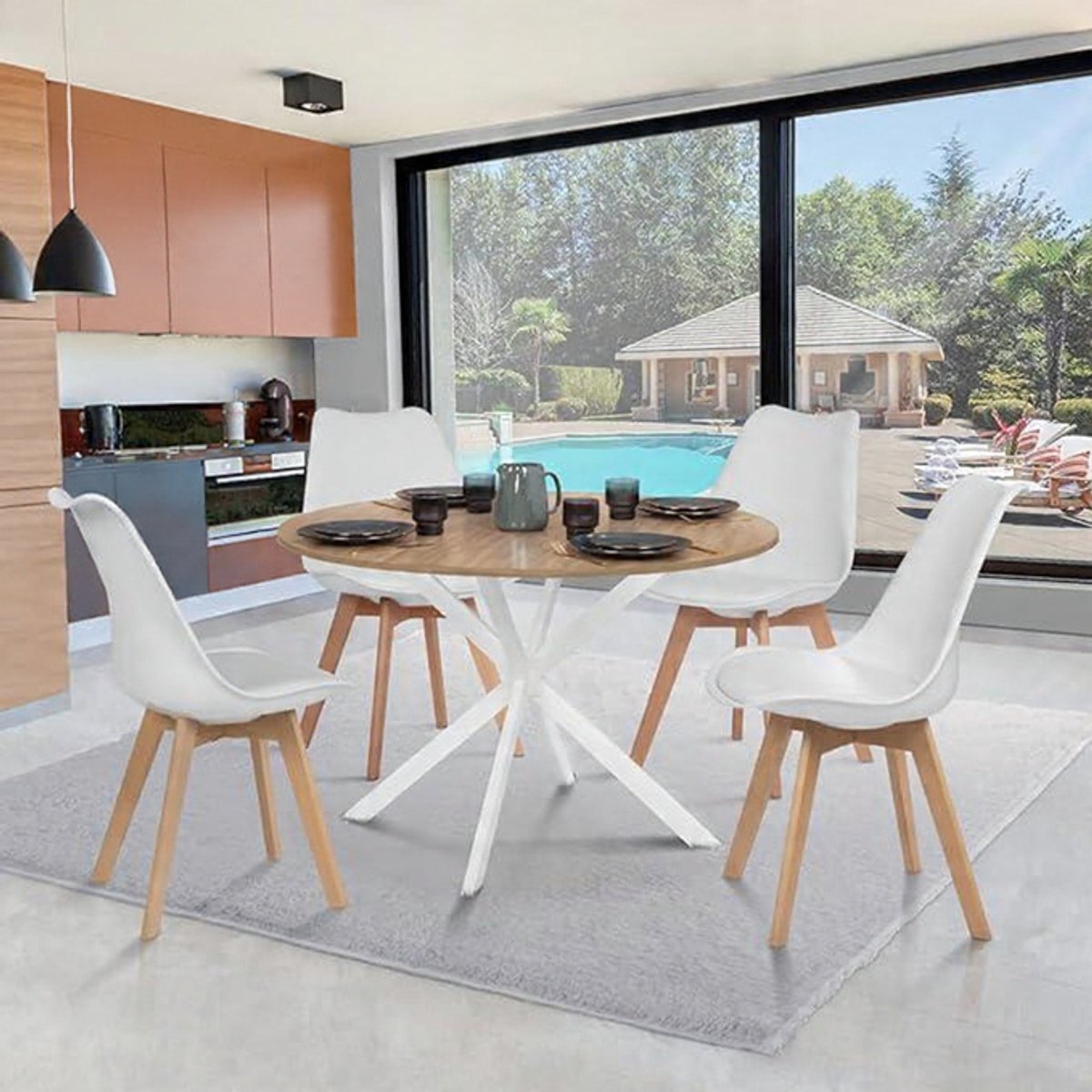 Ronde eettafel 110 cm met spinnenwebpool - Modern Wit & Hout design voor 6 personen Casa Serena – 110 cm – Casa Dorada