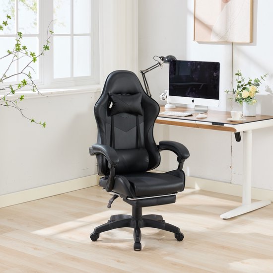 STILVORA Bureaustoel 64 x 58 x 117 126 cm - Draaibaar Met Massage En Voetsteun - Ergonomisch Met Hoofd En Lendenkussen - PVC Leer Zwart