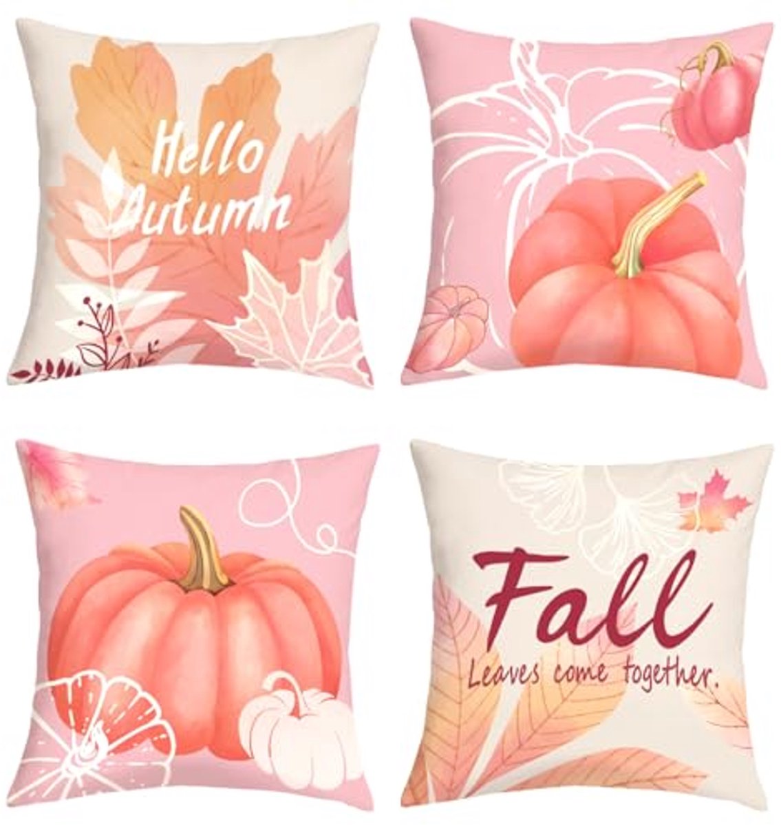 Ultiluxe® Kussenhoezen - 4 Stuks - Sierkussenslopen - Decoratieve Kussenhoes - 45 x 45 cm - Fluweel Stof - Pompoen Herfst Print - Roze/Oranje