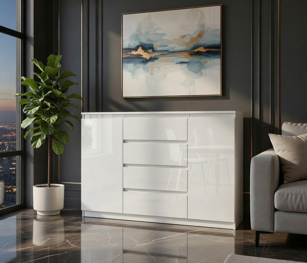 Moderne Commode met 4 Laden en 2 Deuren – Hoogglans Wit – Dressoir Woonkamer & Slaapkamer – Veel Opbergruimte – Stijlvol Design – 120 cm Breed | Novihome