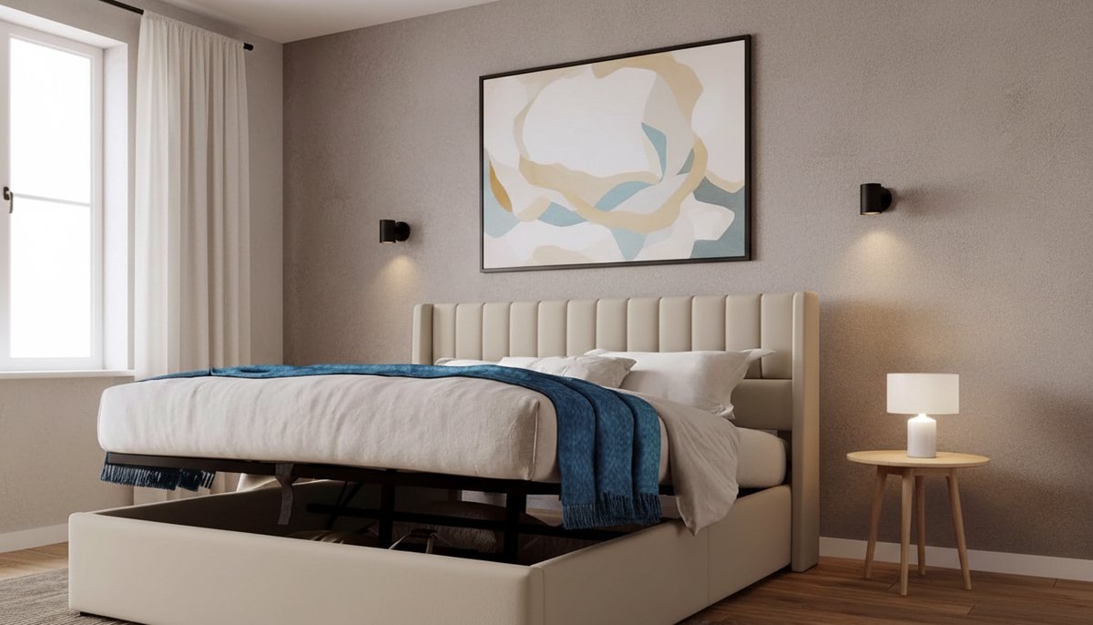 Gestoffeerd Bed 140x200 cm met Opbergruimte – Casa Velluto Luxe Tweepersoonsbed met Hydraulische Opberglade, Lattenbodem en Gestoffeerd Hoofdbord – Modern Linnen Bedframe – Beige