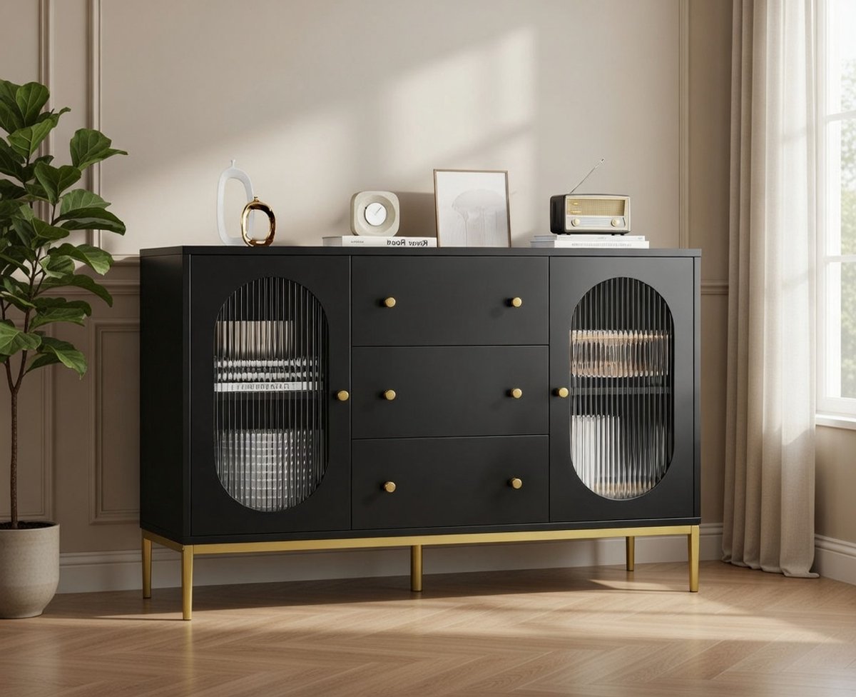 Elegance Dressoir 120 cm – Zwarte Keukenkast, Buffetkast met 2 Glazen Deuren, 3 Laden en Verstelbare Plank – Multifunctioneel Meubel voor Keuken, Woonkamer & Eetkamer Novihome