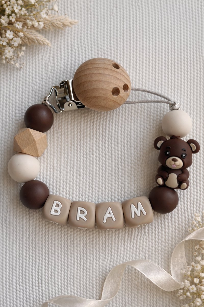 speenkoord met naam | gepersonaliseerd | bruin-wit-beer | kraamcadeau & babycadeau | baby | speenketting