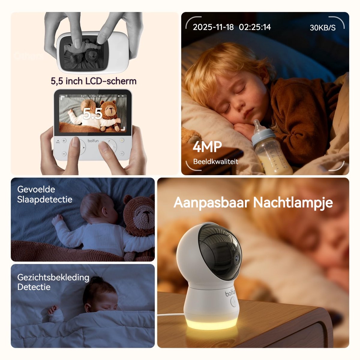 BOIFUN Babyfoon met camera - Baby Monitor - Babyfoon met Camera en App - AI-detectie (Slapen op de Buik en Gezichtsgebied) - Nachtlampje - 5.5 Inch Scherm - Video & Audio – foto 8