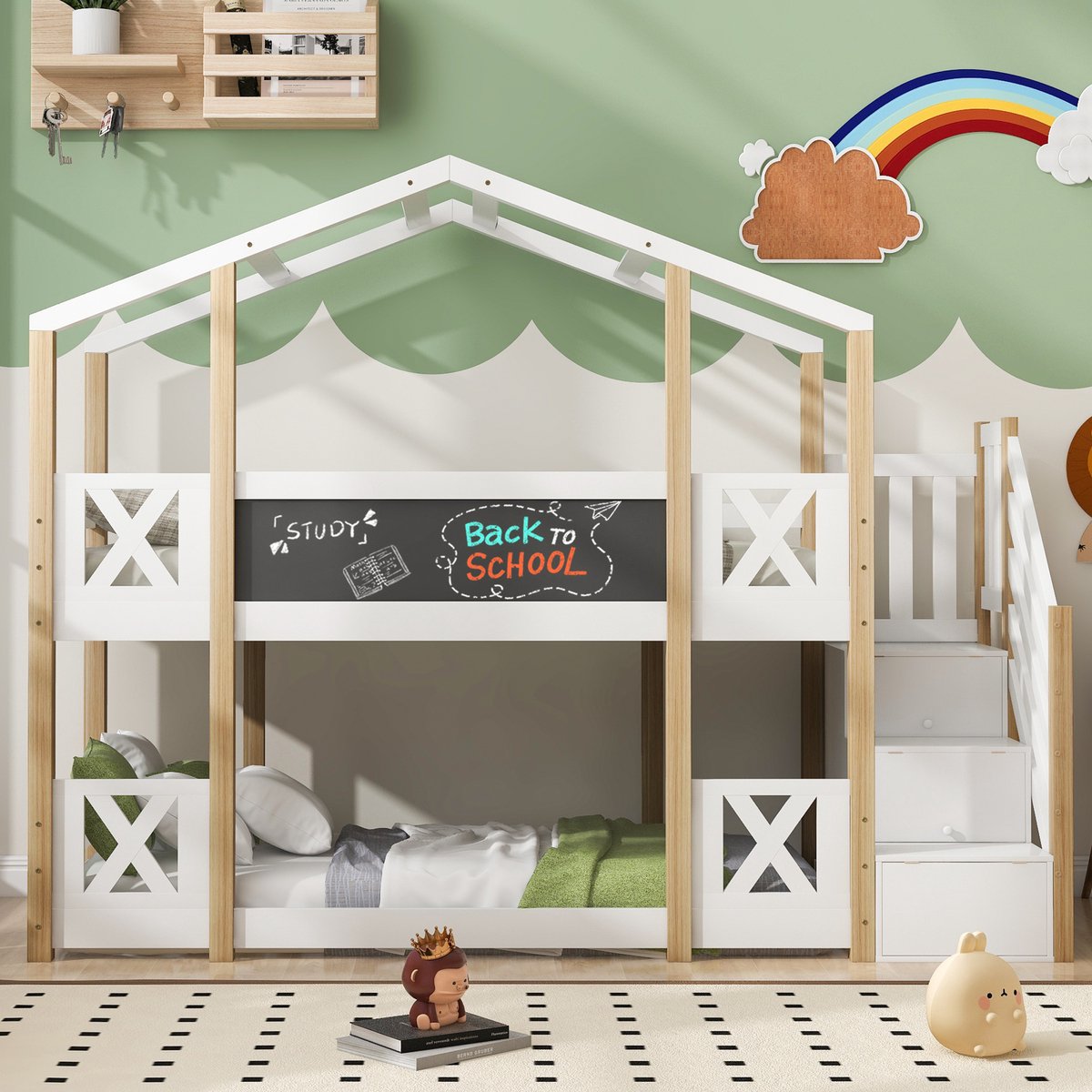 Merax 90 x 200 cm stapelbed - kinderbed met trap - opbergruimte en veiligheidsrek - boomhutbed - houtkleur & wit - zonder matras