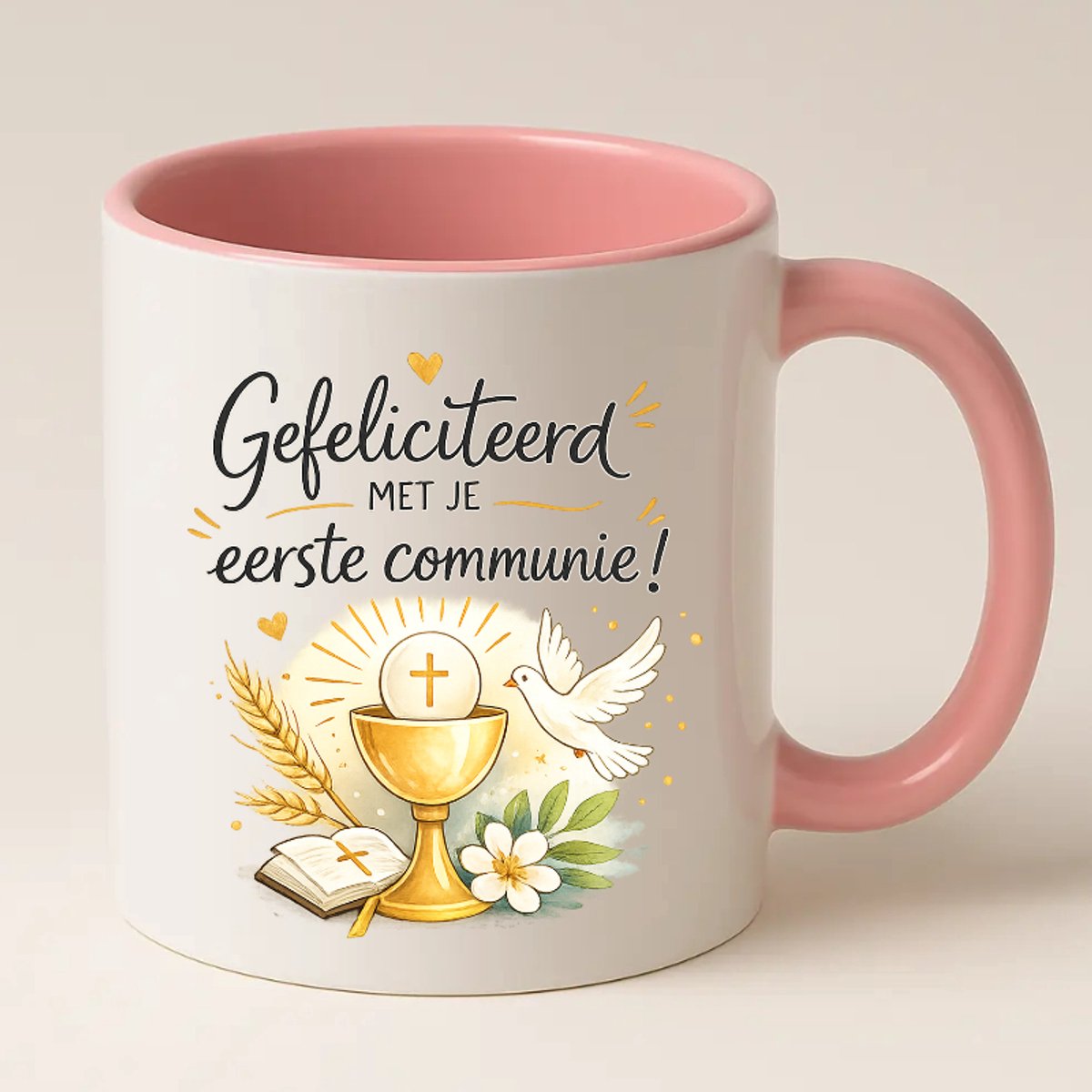 Gefeliciteerd met je Eerste Communie Mok (roze) - Communie Cadeau - Eerste Communie - Communie