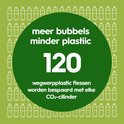 Groene achtergrond met lijntekeningen van plastic flessen en een cirkel met de tekst '120 wegwerpflesen bespaard per CO2-cilinder'.