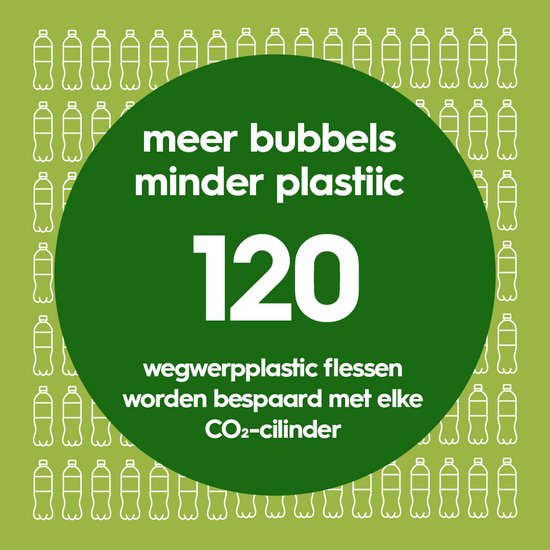 Groene achtergrond met lijntekeningen van plastic flessen en een cirkel met de tekst '120 wegwerpflesen bespaard per CO2-cilinder'.
