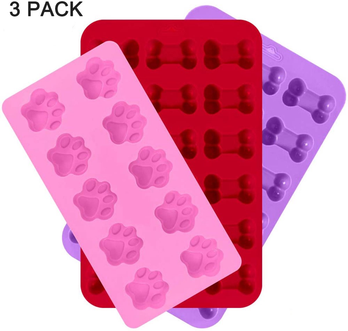 Oneay Set van 3 siliconen ijsvormpjes in de vorm van een puppypootje en een botje, herbruikbaar bakvormpje voor het bakken van chocolade en snoep, geschikt voor oven en vriezer - roze, rood, paars