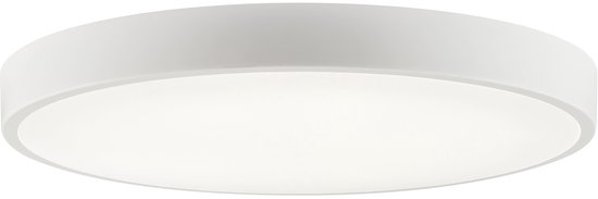Ronde, platte witte plafondlamp, met egale witte verlichting.