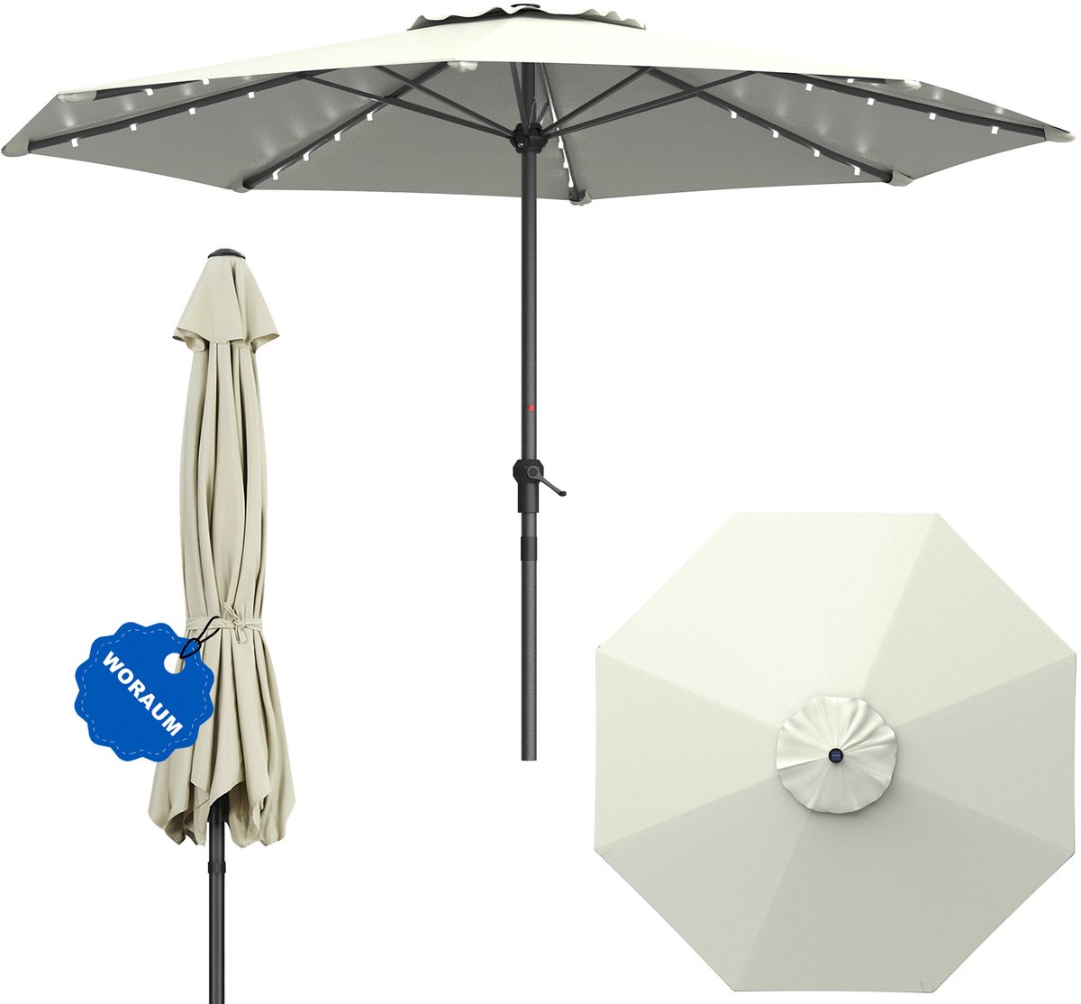 Soontrans - Parasol 350 cm - Met 32 LED-Lampjes -Tuinparasol Niet kantelbaar - Balkonparasol UPF 50+ - Stokparasol 38 mm-Draagbare Terrasparasol -Marktparasol Waterdicht - Strandparasol -Slingerparasol voor Terrassen-Balkons en Zwembaden -Beige