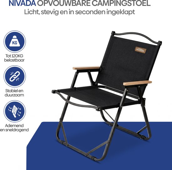 NIVADA Campingstoel 2pcs - Zwart - Opvouwbaar - 120kg Draagkracht - Tuinstoel - Strandstoel - Klapstoel — afbeelding 3