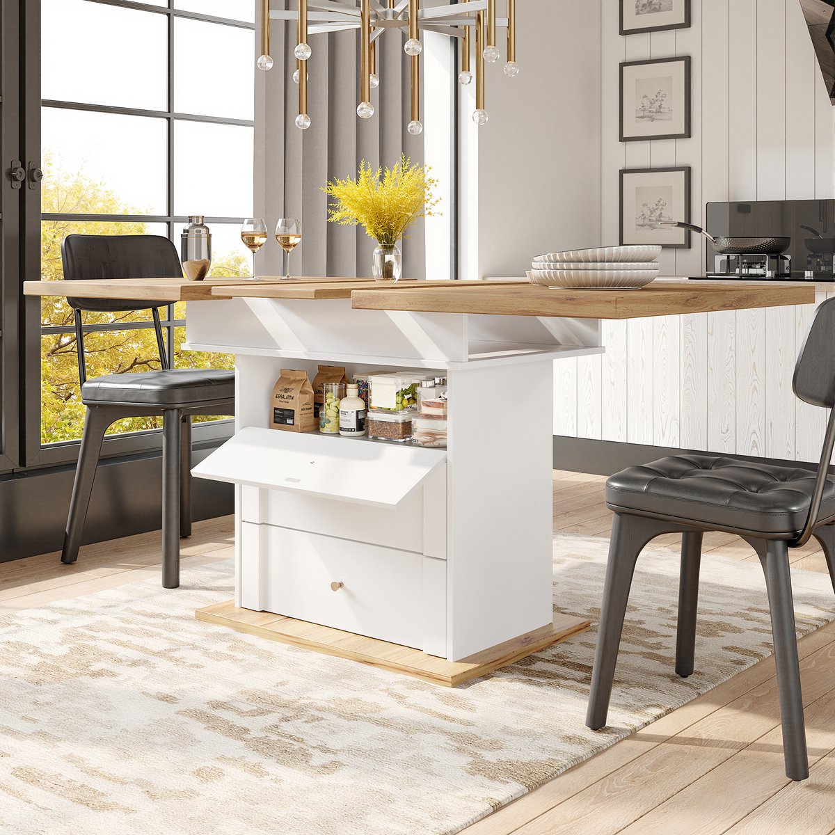 HAUSS SPOLE Eettafel - Uitschuifbaar En Inklapbare Deur Met Opbergruimte - Voor Keuken En Woonkamer - MDF Metaal - 110 140x80x75 Cm - Wit