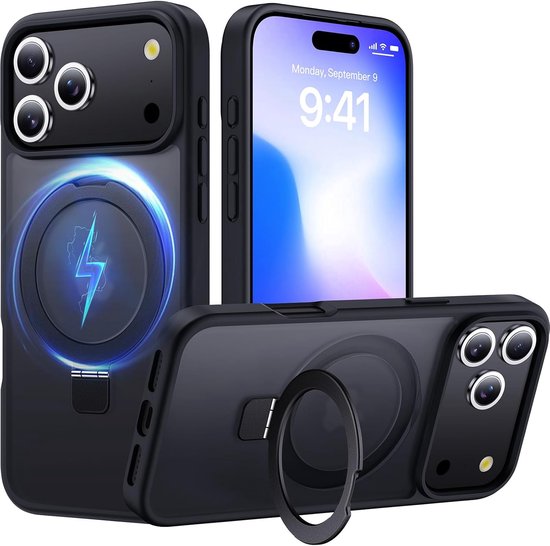Zwart hoesje met standaard en magneet. Meerdere hoesjes en een iPhone 14 Pro Max worden getoond.