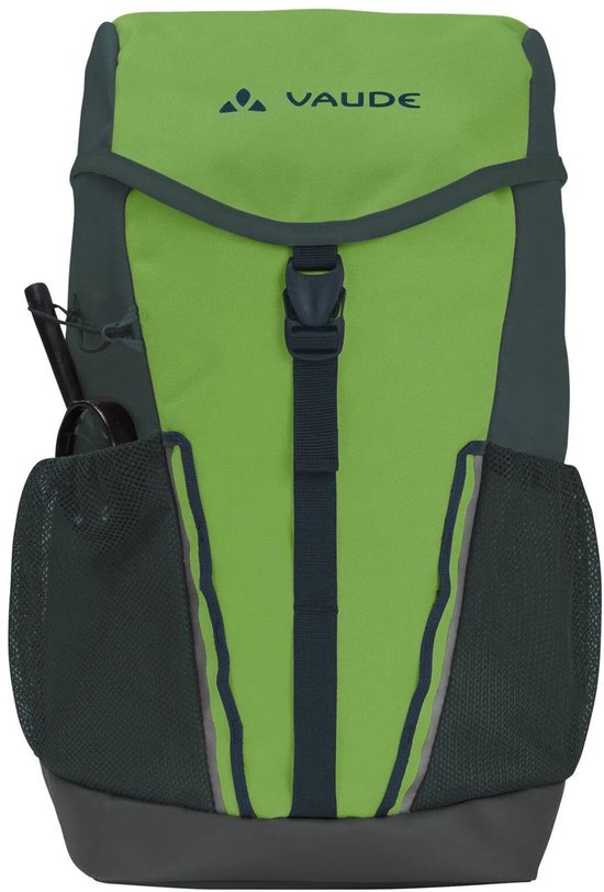 Groene rugzak van VAUDE met donkergrijze accenten, gesp en gaasvakken aan de zijkant.