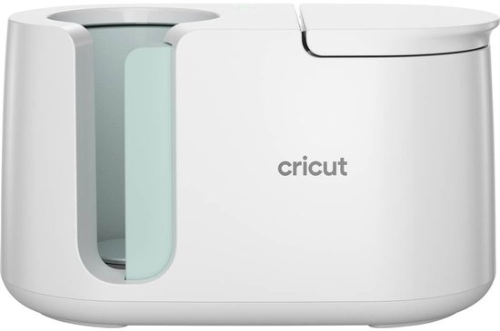Witte Cricut Mug Press met een rechthoekig gat en een deksel.