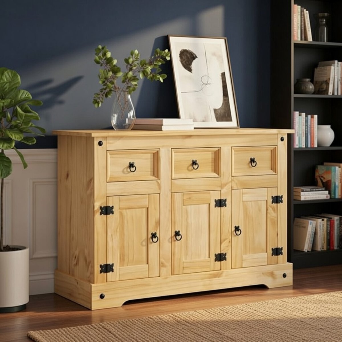 Corona Stijl Massief Grenen Houten Dressoir met Laden en Deuren 112x44x78 cm – Rustieke Woonkamerkast / Opbergkast / Commode / Bijzetkast – Bruin – Novihome