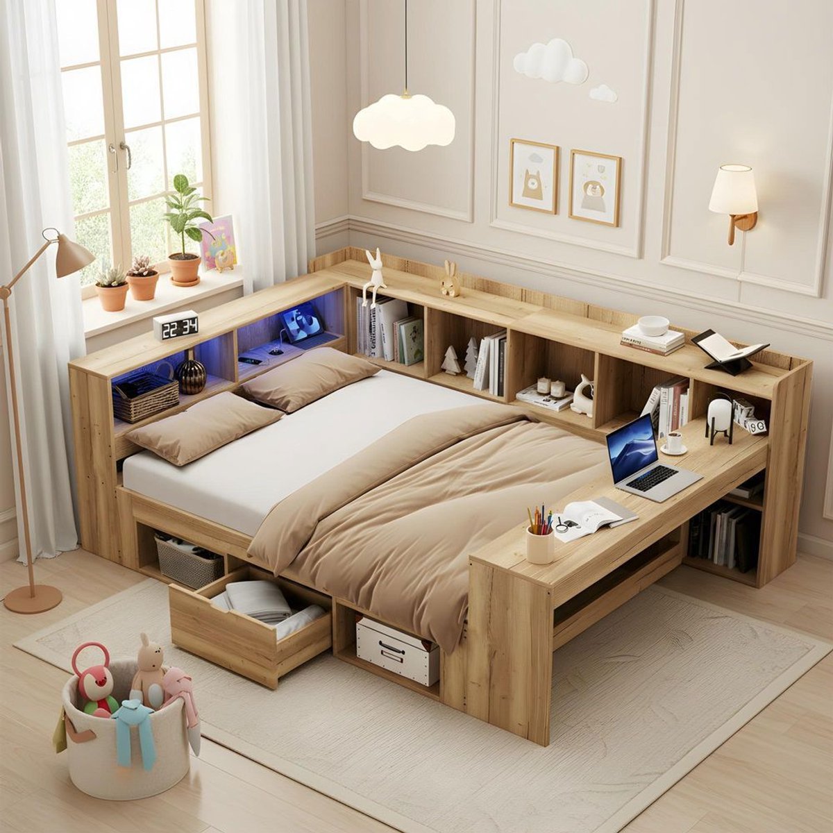 BLACKCOLORS Kinderbed, bed met opbergruimte 140x200 met ledverlichting, USB-oplaadpoorten en bureau, eenpersoonsbed, dagbed, L-vormig houten platformbed, dagbed met planken en lades, natuurlijke kleur