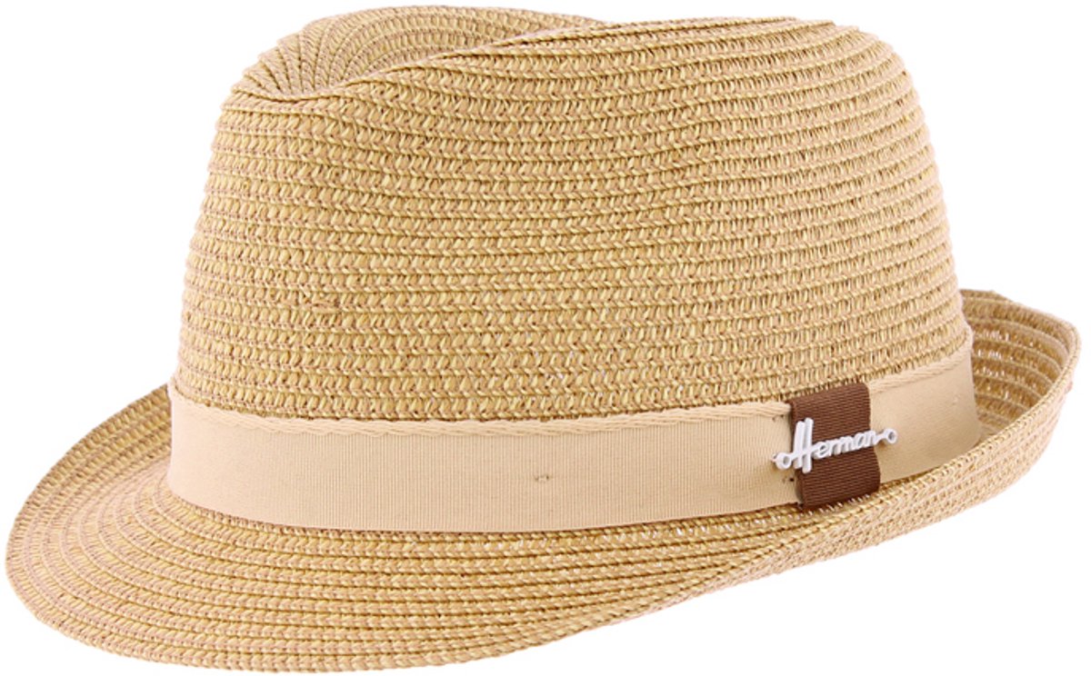 Herman-hoed en effen beige papieren stro met een kleine opstaande rand aan de achterkant en een bijpassend lint maat XL/61