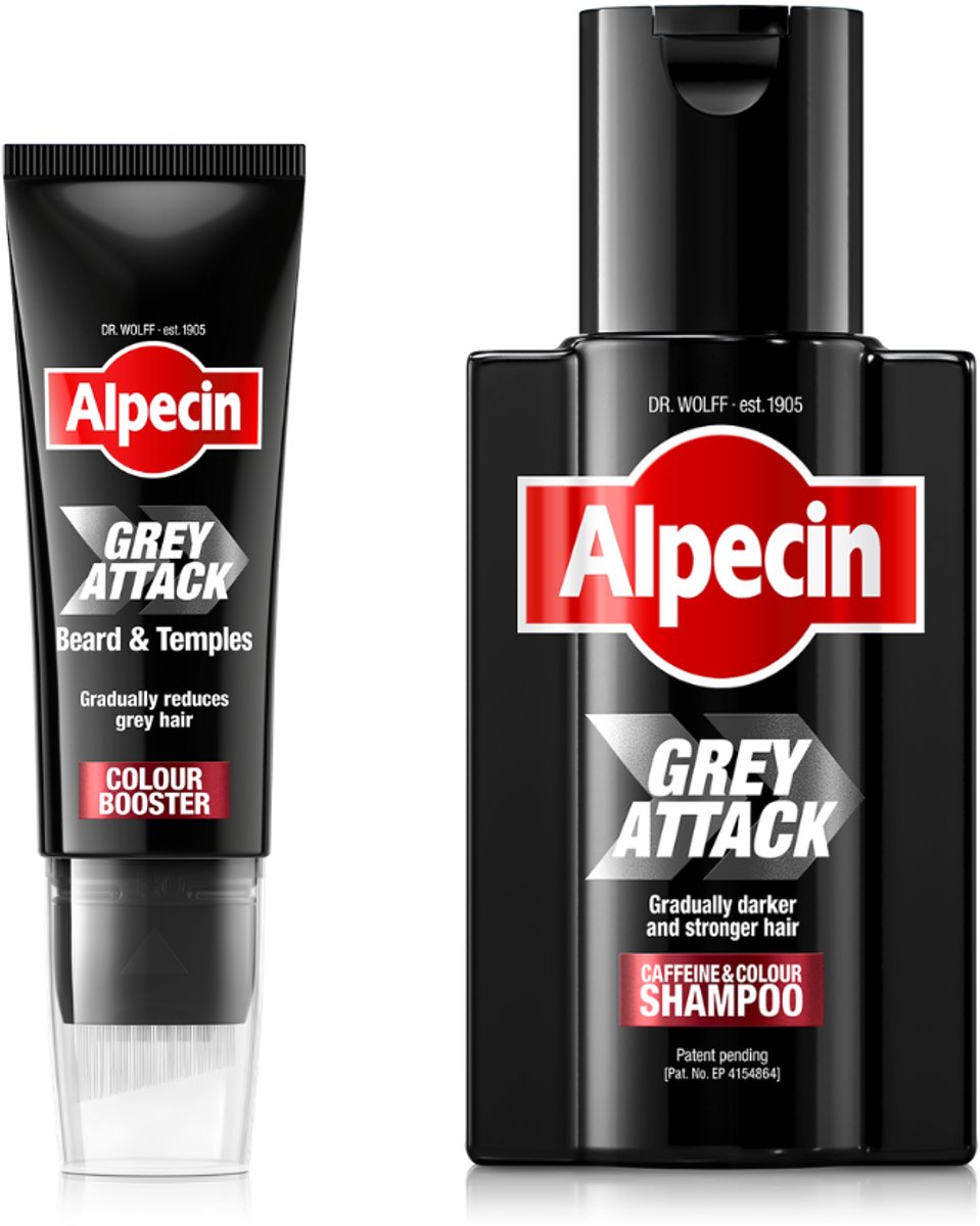 Alpecin Grey Attack Beard & Temples Colour Booster 50 ml + Grey Attack Cafeïne & Kleur Shampoo 200 ml – Minder grijs haar in baard, slapen & haar – Geleidelijk donkerder resultaat – 5,6-DHI repigmentatie voor mannen