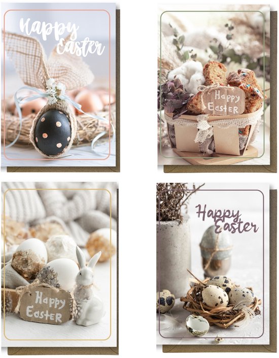 20 Luxe Vrolijk Pasen Wenskaarten - Paaskaarten - 12x17cm - gevouwen kaarten Inclusief gekleurde enveloppen
