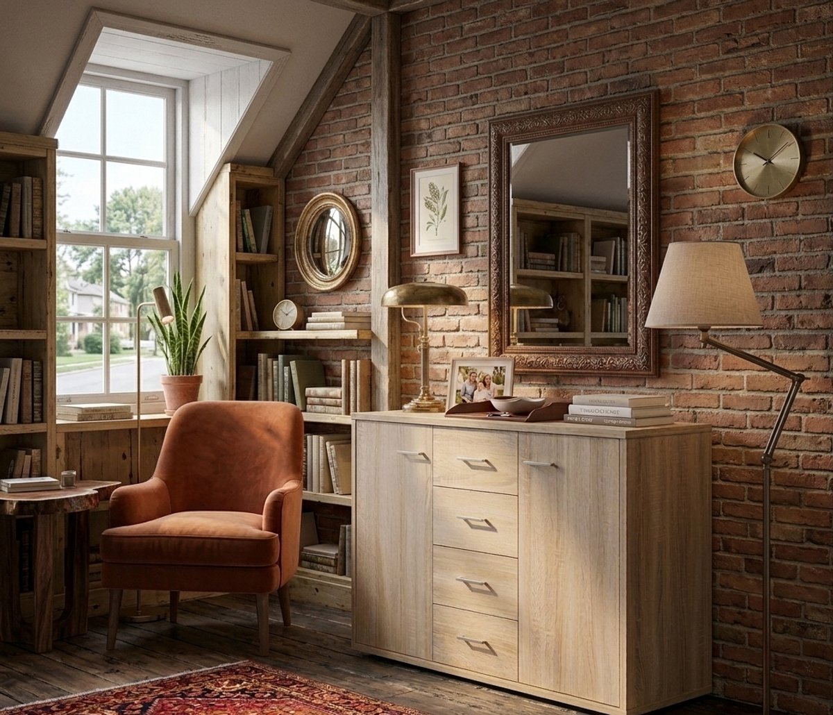 Nordico Opbergkast met 4 Laden en 2 Deuren – Moderne Dressoirkast / Commode / Sideboard – Multifunctionele Kast voor Woonkamer, Hal of Kantoor – 88x30x70 cm – Sonoma Eiken – Novihome