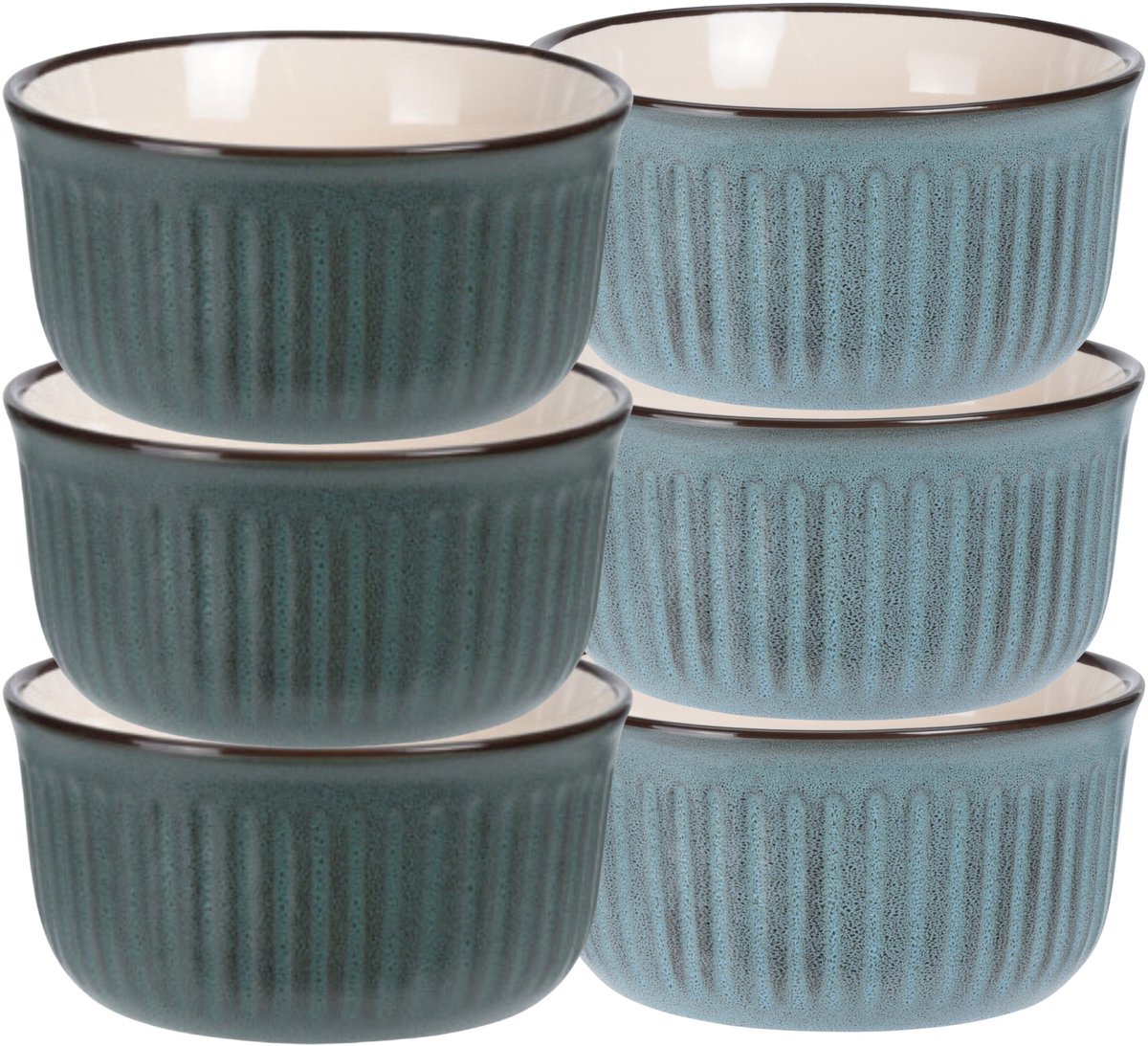 Soepkom Striped - set 6x - groen / blauw - 14 x 7 cm - keramiek - kom - 500 ml