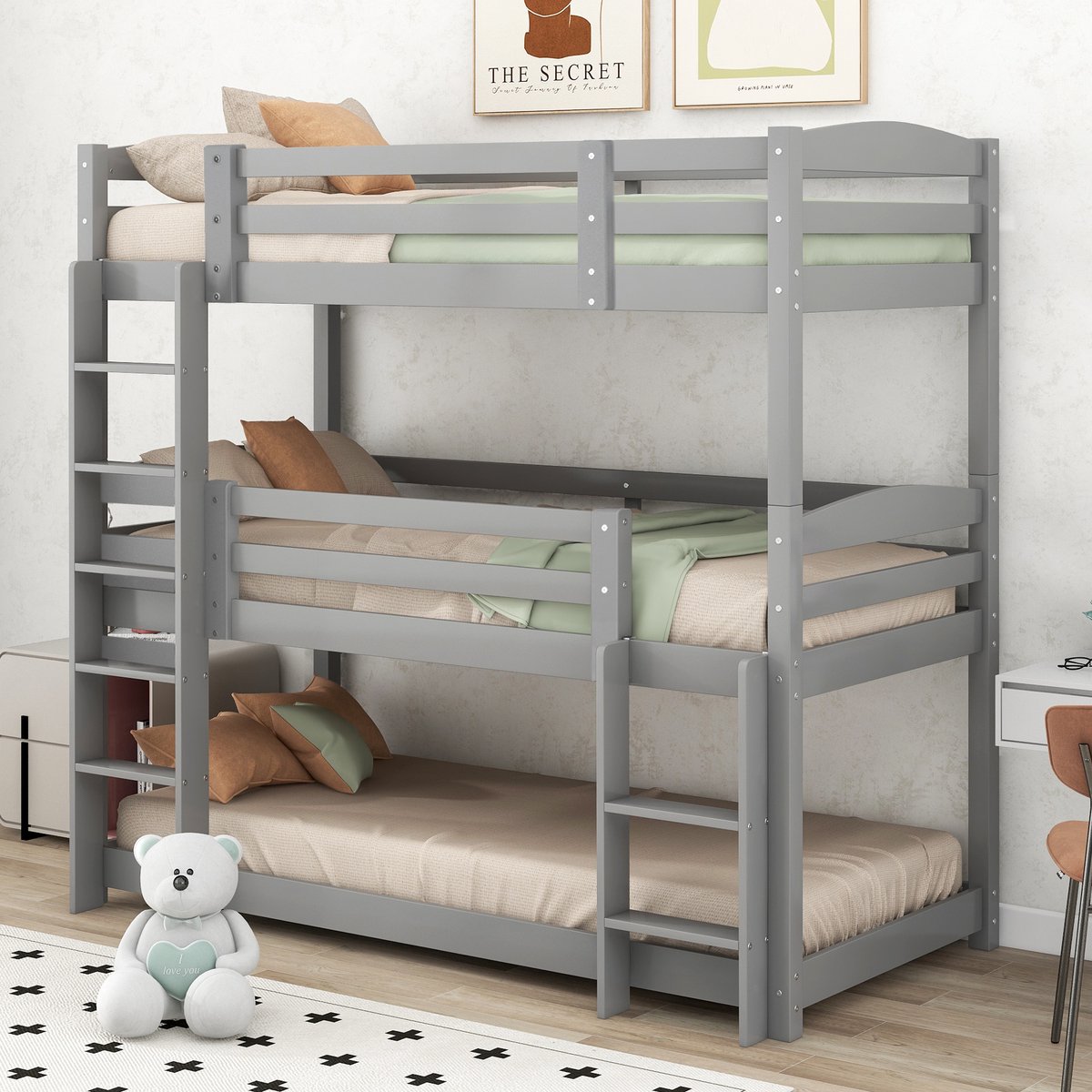 MIVRAY Drievoudig Stapelbed 90x200cm - Kinder Bed Zonder Matras Met Twee Ladders - Veilig Met Hoge Spijlen - Grenenhout - Grijs