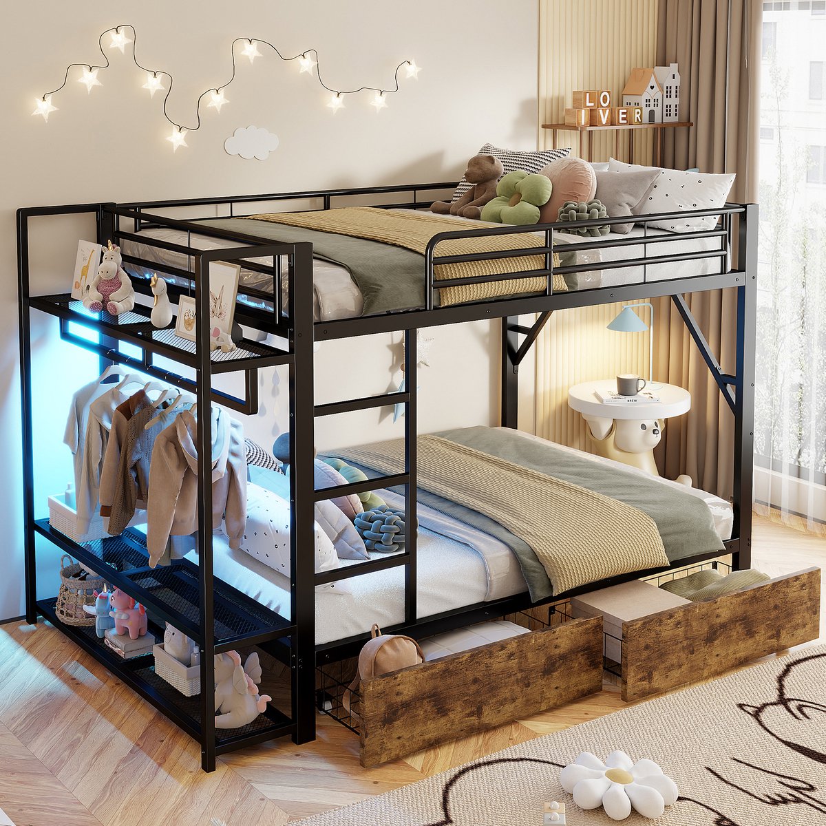 MIVRAY Stapelbed 140x200 cm - Met Led Verlichting En Opberglades - Met Planken En Kledingstang - Zonder Matras - Metaal - Zwart