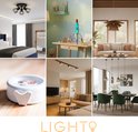 Collage van zes interieurfoto's, waaronder een slaapkamer, kinderkamer met een raket lava lamp, en een eethoek.